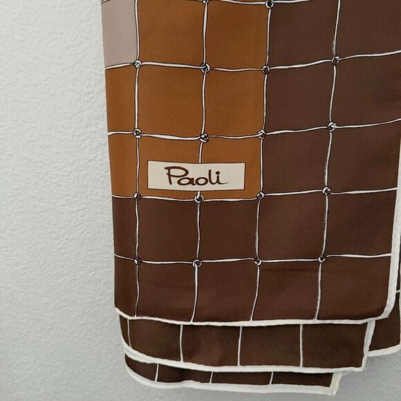 PAOLI | Brown Blush Pink ivory/Beige Square Pattern Scarf Knot | 35" x 35" - Picture 2 of 4